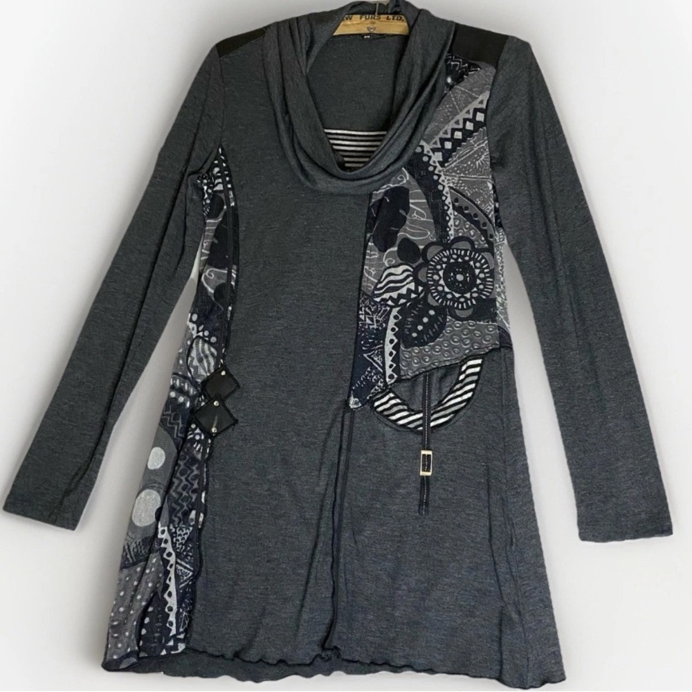 Vex Collection Patchwork‎ Artsy Abstract Floral Cowl Neck Grey Dress Soft Sz 38